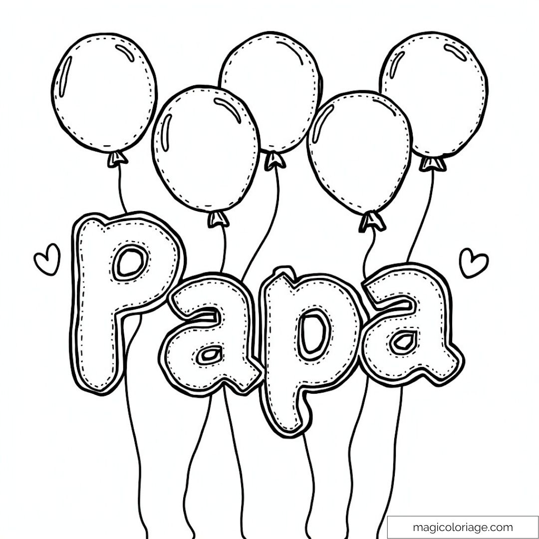 Dessin à colorier "Papa" avec ballons et coeurs pour la Fête des Pères.