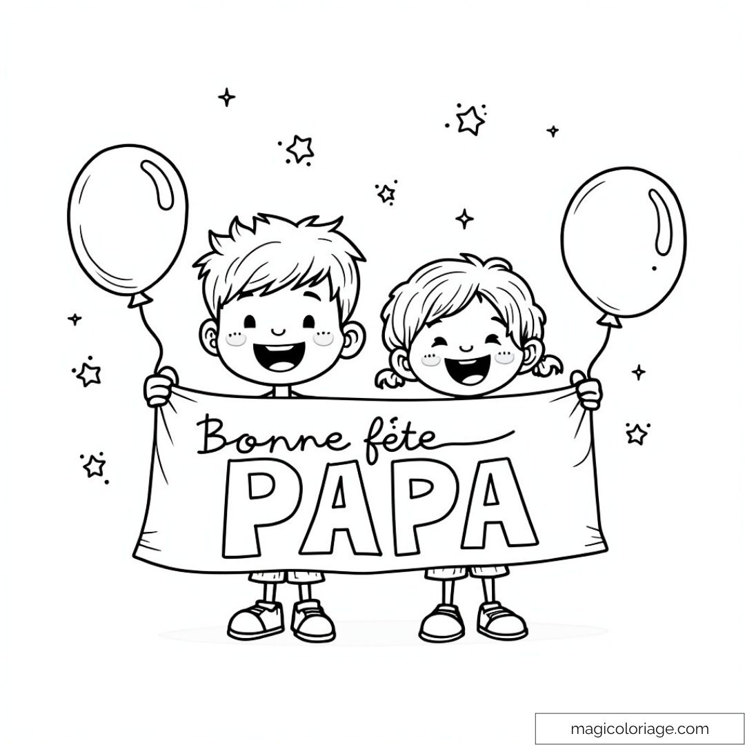 Enfants avec ballons et panneau "Bonne fête Papa"