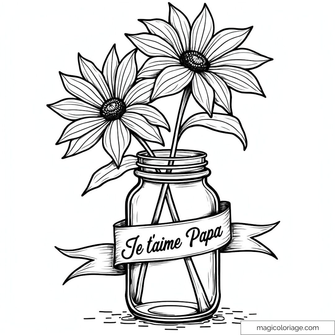 Dessin de fleurs dans un bocal avec message pour papa.