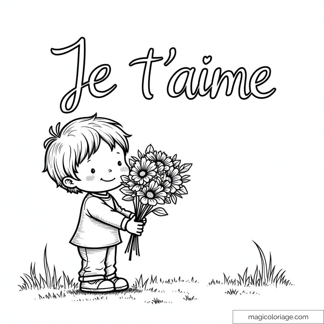 Petit garçon tenant un bouquet de fleurs avec texte Je t'aime.