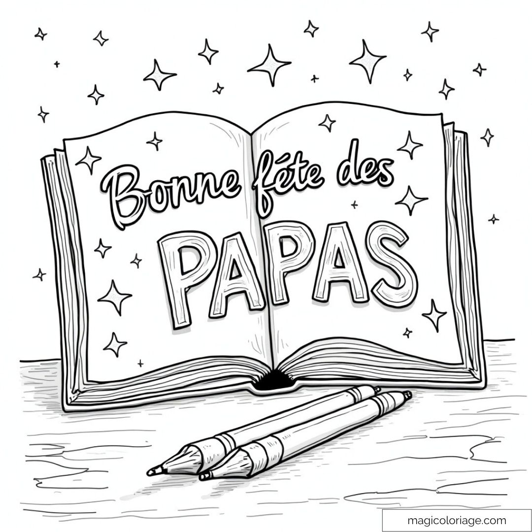 Coloriage livre "Bonne fête des papas" avec étoiles et crayons.