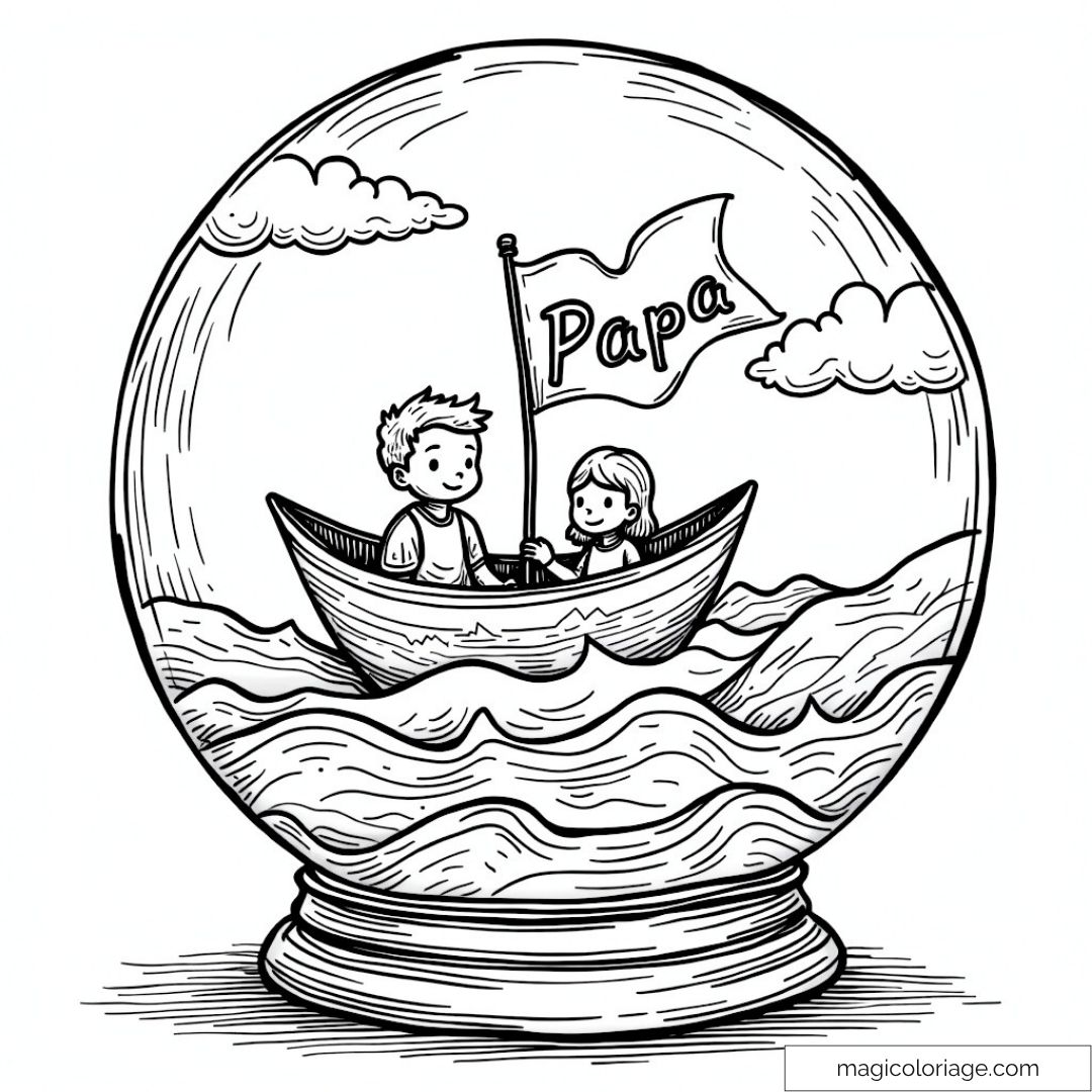 Enfants naviguant sur un bateau avec bannière "Papa".