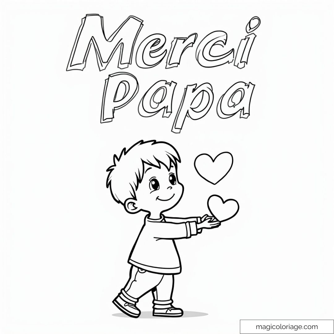 Enfant souriant avec cœurs et texte "Merci Papa" à colorier.