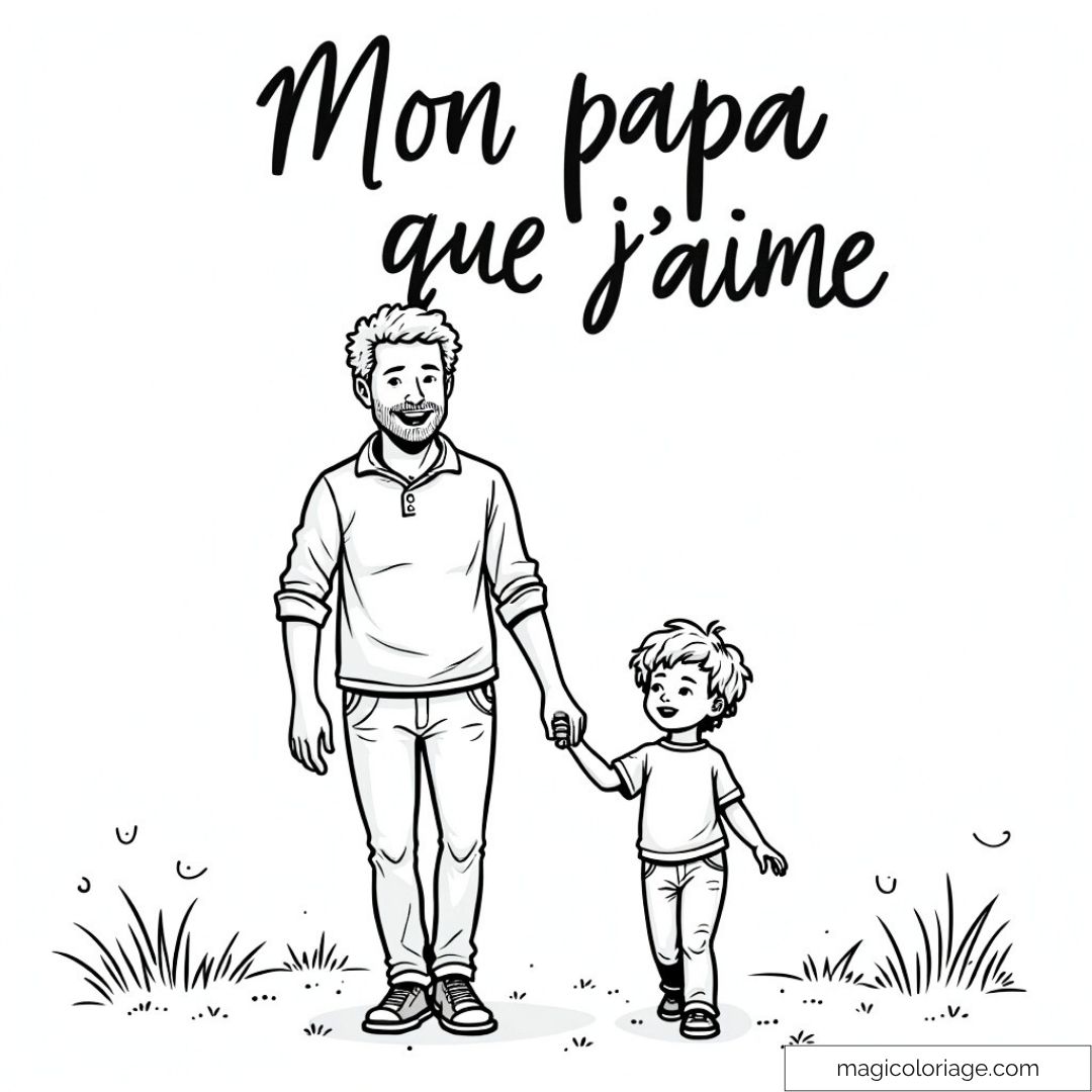 Dessin d'un père tenant la main de son enfant sur fond nature