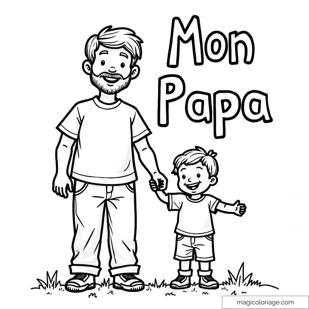 Dessin en noir et blanc d'un père tenant la main de son enfant avec le texte "Mon Papa".