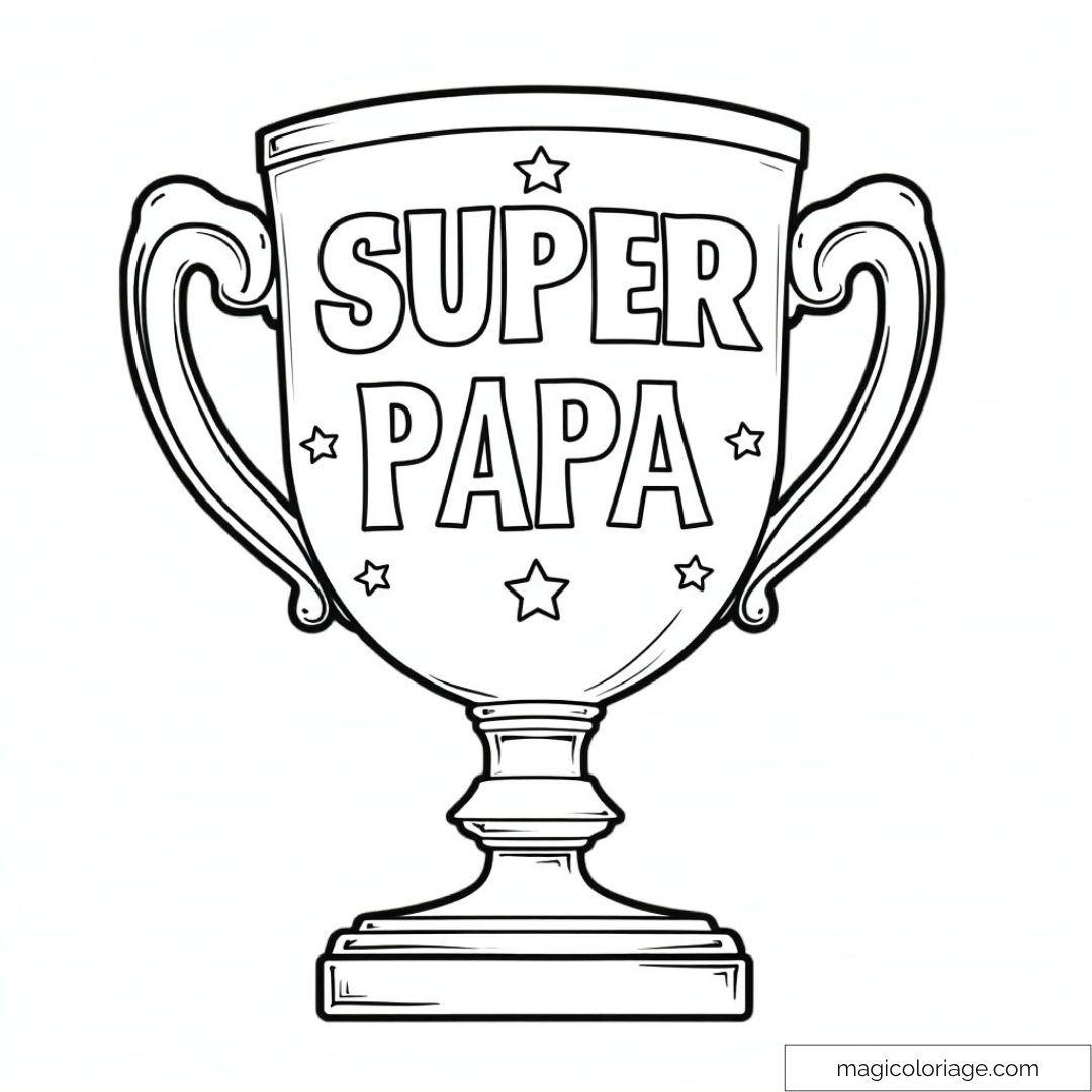 Trophée à colorier avec le texte "Super Papa" et étoiles.