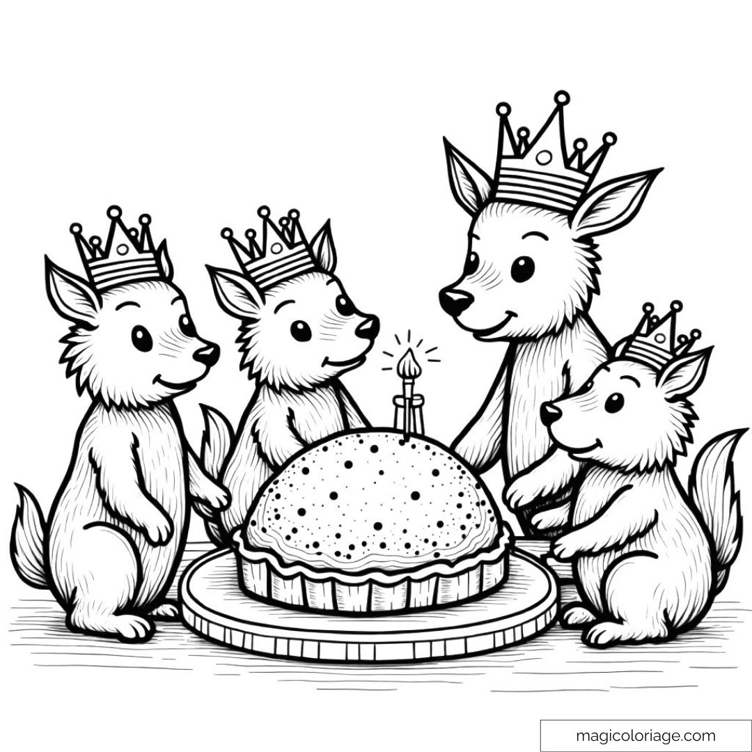 Quatre animaux royaux avec couronnes autour d'un gâteau d'anniversaire.