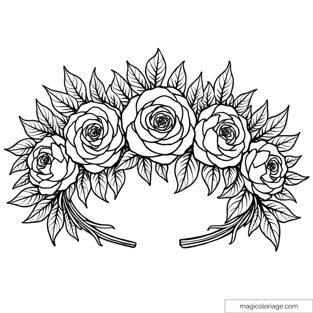 Coloriage d'une couronne de roses et feuillage