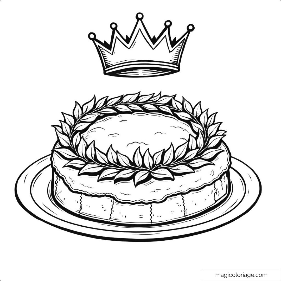 Dessin de gâteau avec couronne et feuilles pour coloriage enfant