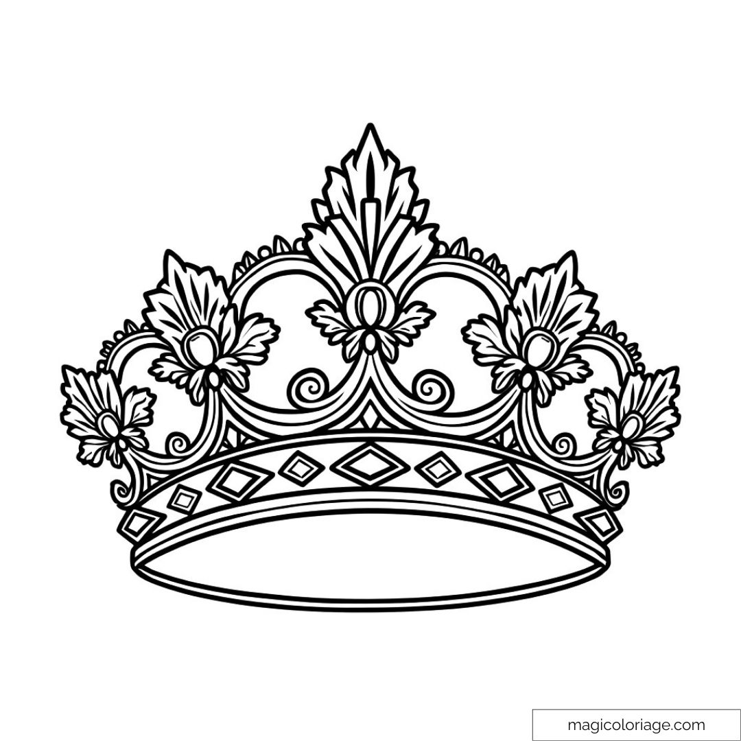 Coloriage de couronne élégante avec motifs floraux détaillés.