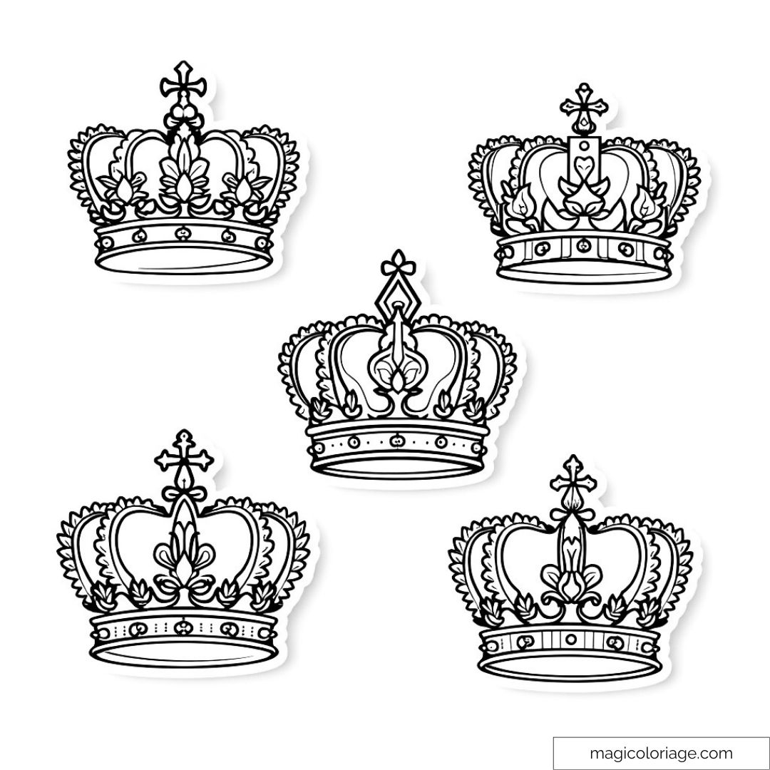 Dessin de cinq couronnes royales détaillées à colorier.