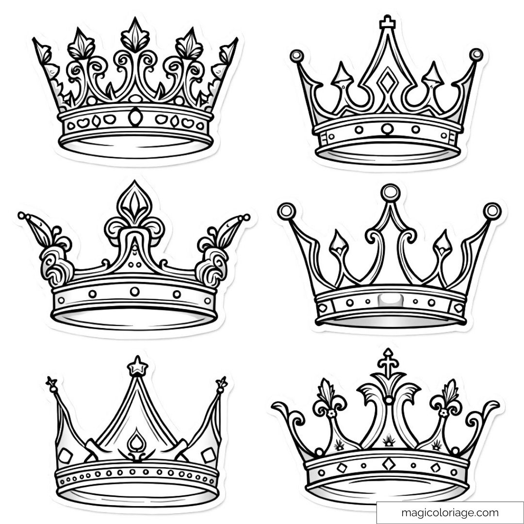 Image de six couronnes royales élégantes à colorier pour enfants.