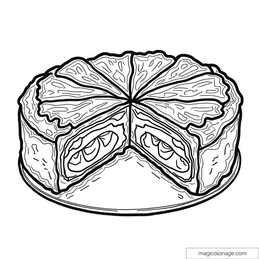 Image d'un gâteau tranché en noir et blanc à colorier