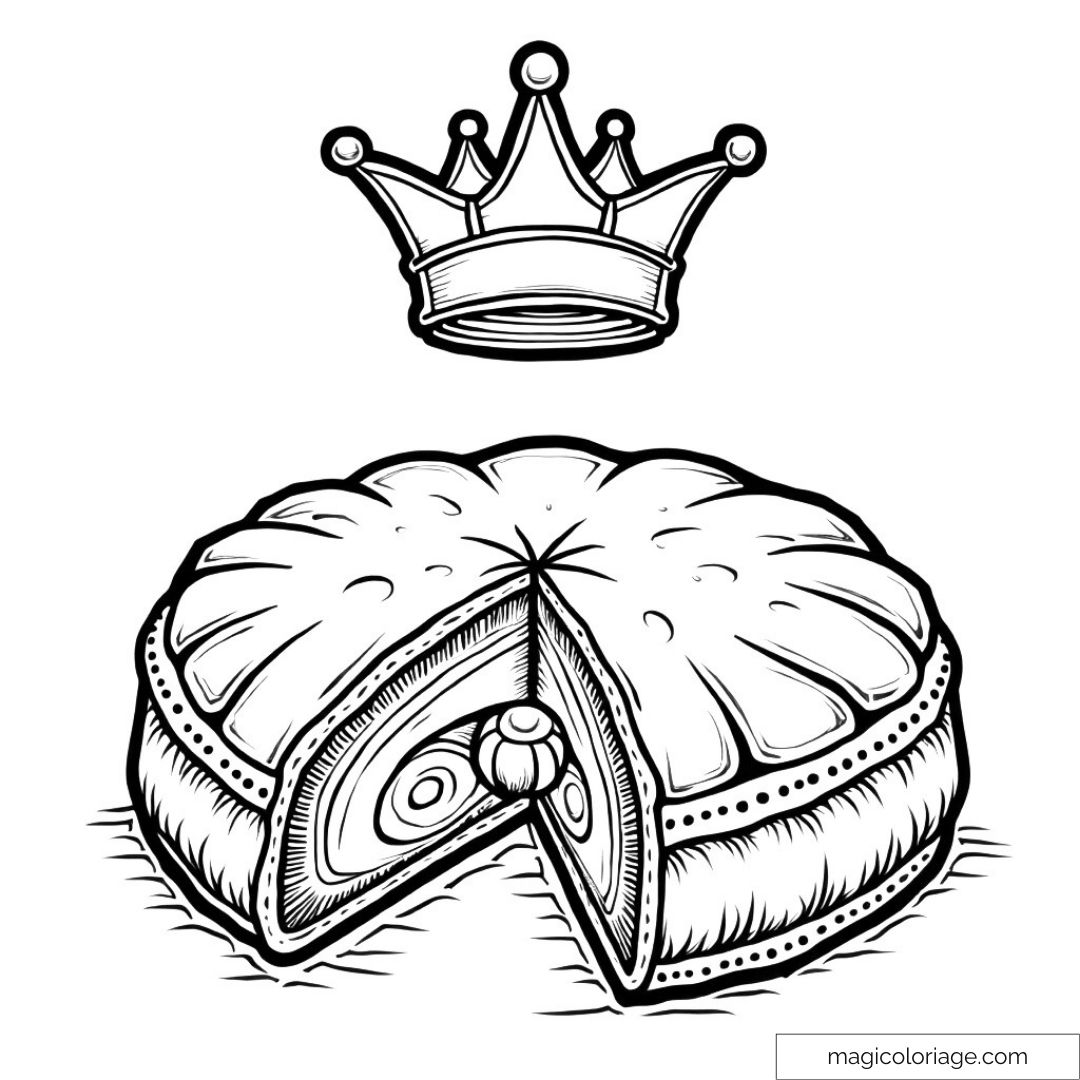 Dessin amusant d'une galette et couronne à colorier pour enfants.