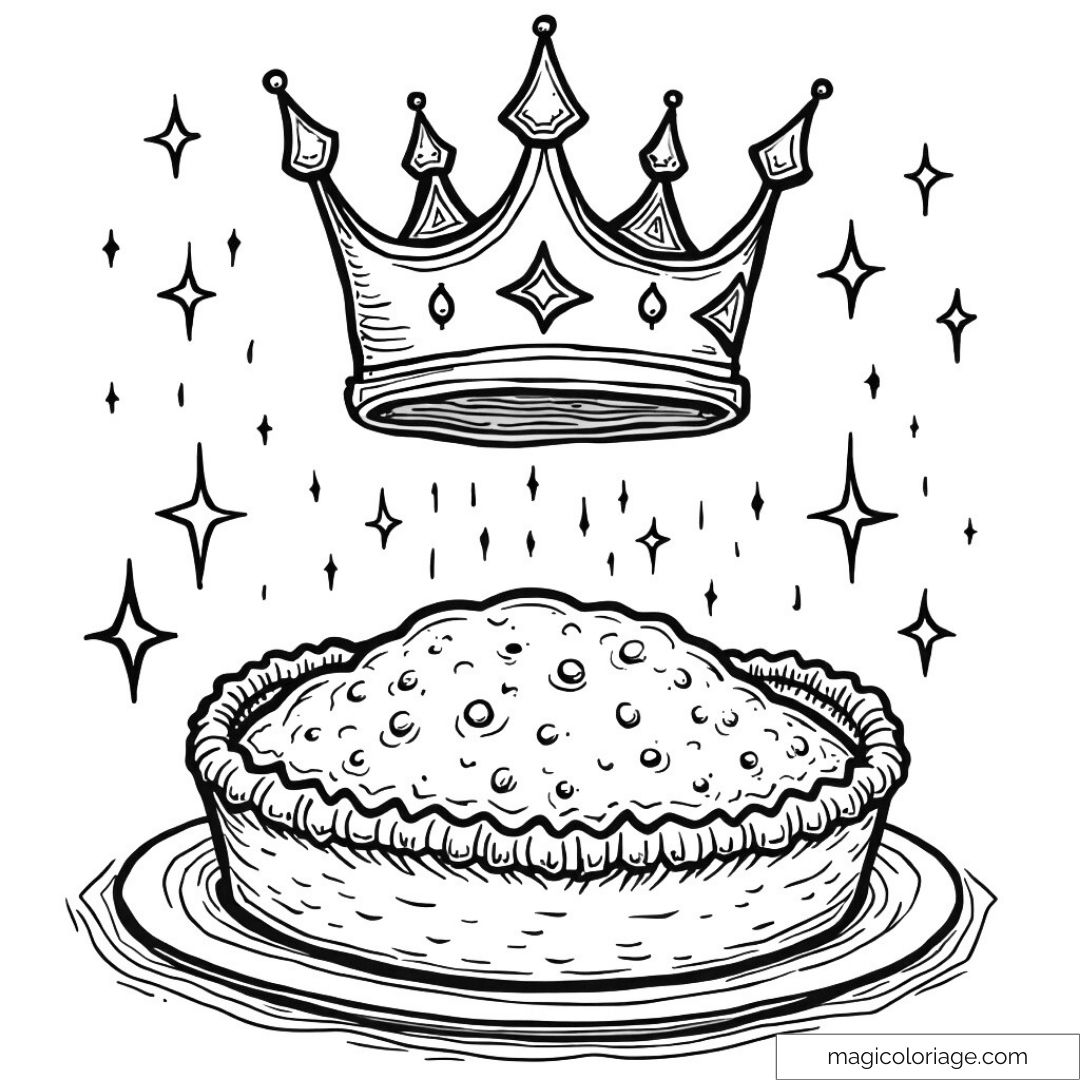 Image d'une galette des rois avec une couronne et des étoiles scintillantes.