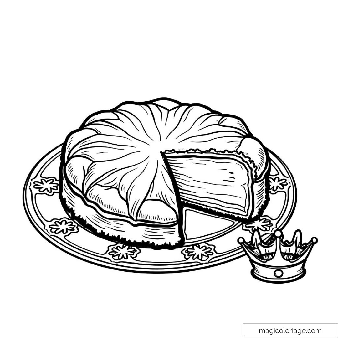 Dessin d'une galette des rois et couronne à colorier.