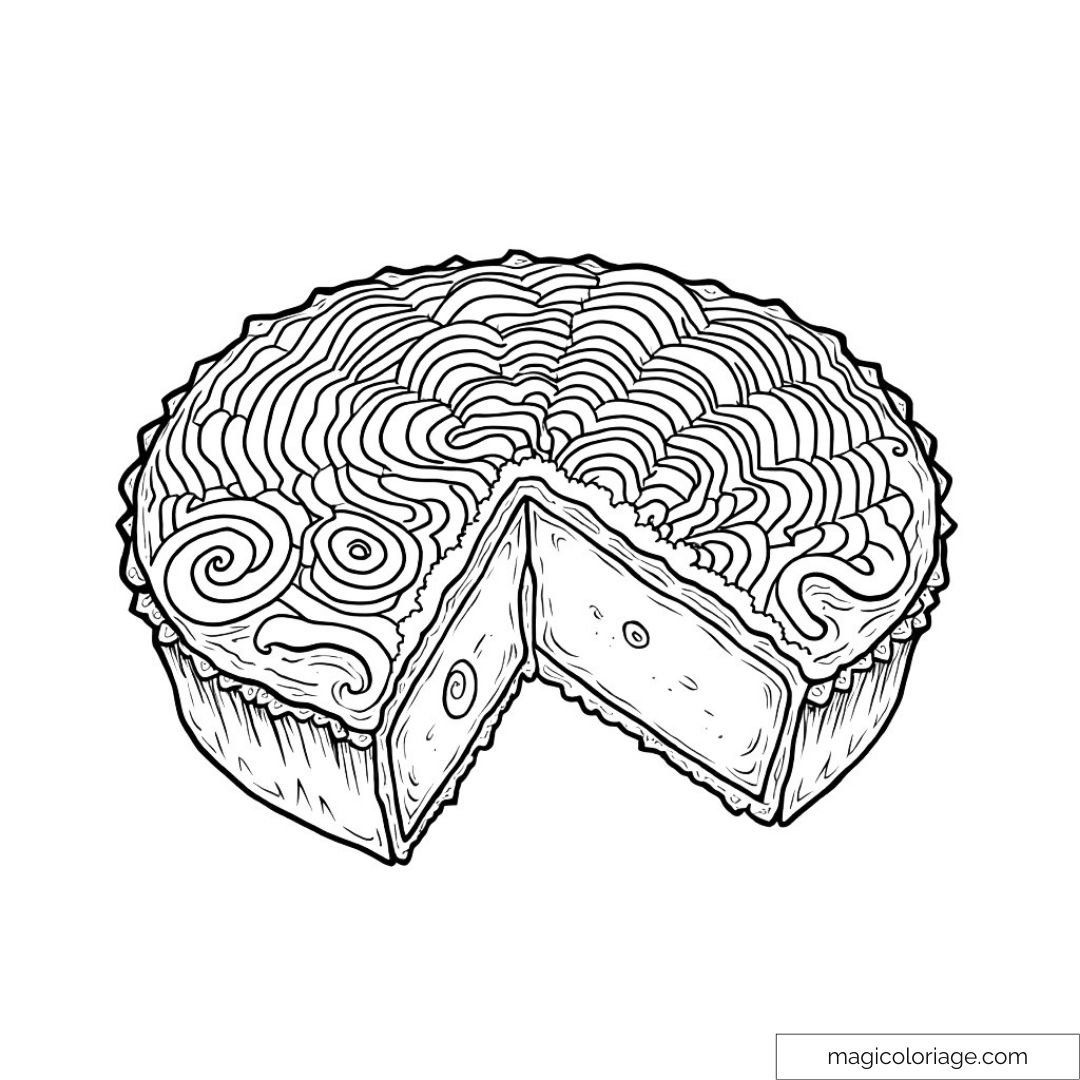 Dessin en noir et blanc d'un gâteau avec un morceau coupé