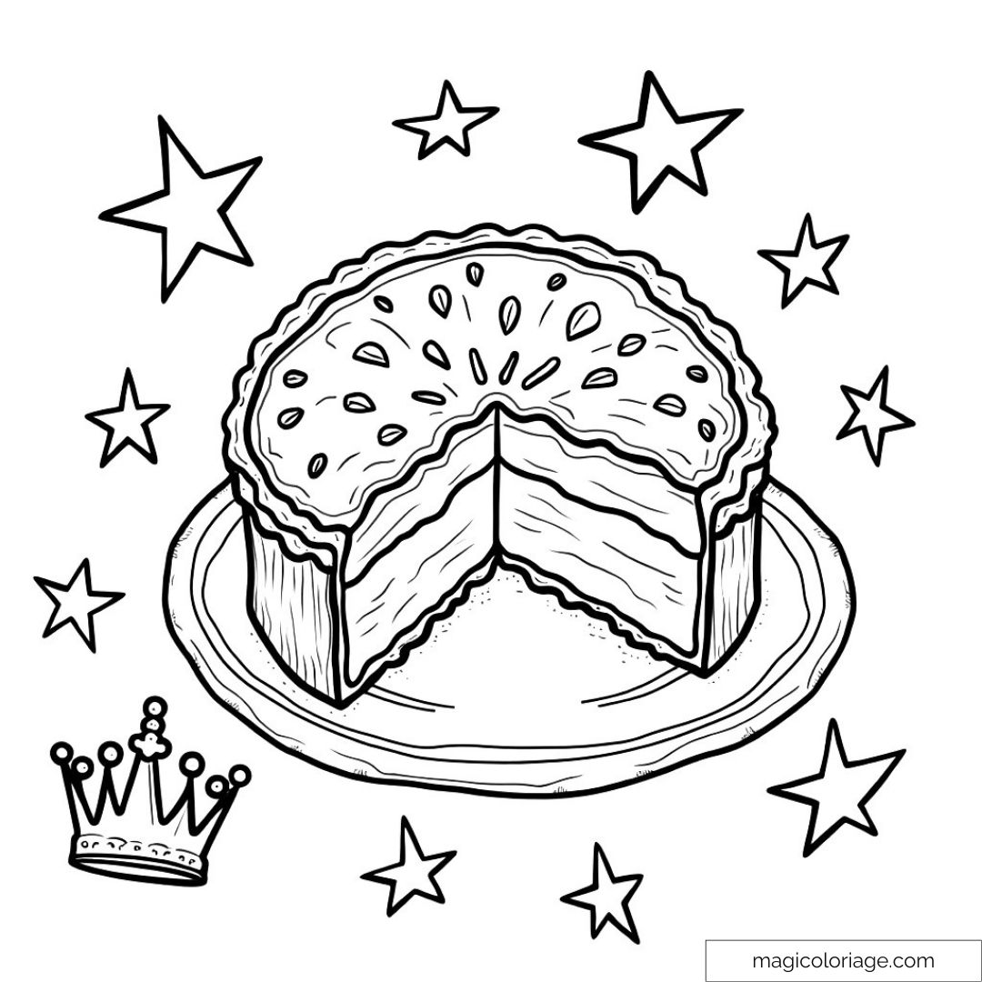Image de gâteau sur assiette entouré d'étoiles et couronne