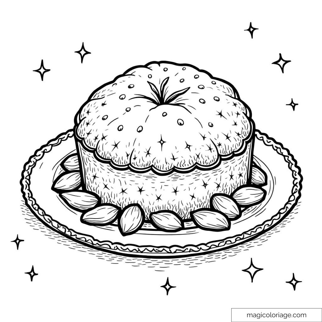 Dessin d’un gâteau décoré avec des amandes et étoiles scintillantes