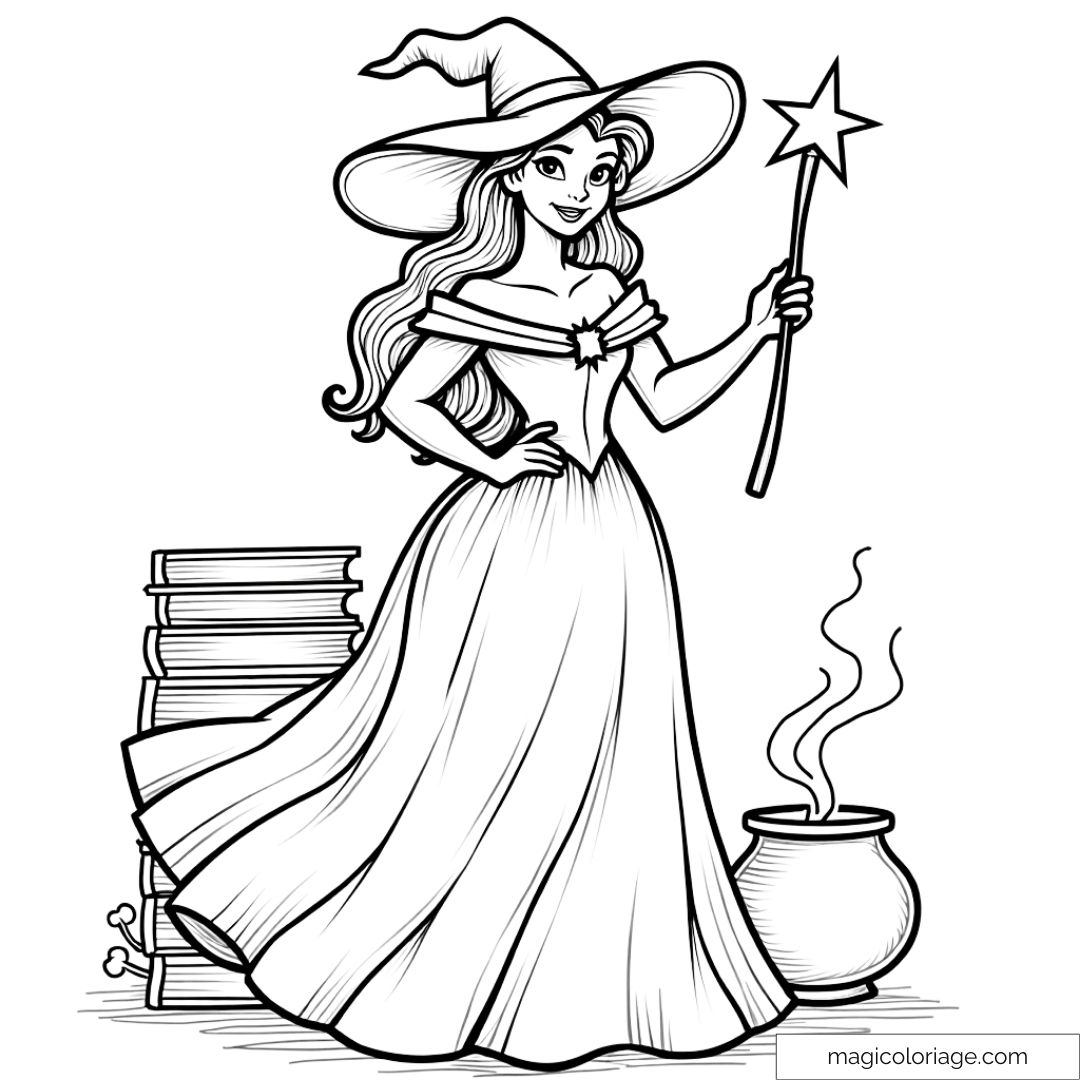 Dessin de Belle en sorcière avec une baguette magique et un chaudron à colorier pour Halloween, parfait à imprimer pour les enfants.