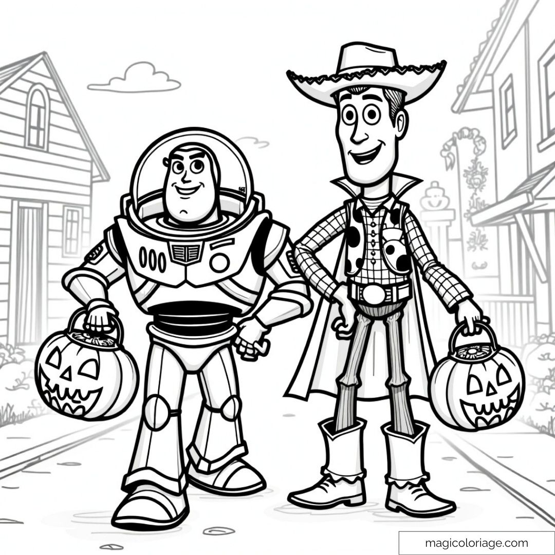 Dessin à colorier de Buzz l'Éclair et Woody déguisés pour Halloween, chacun tenant une citrouille. Un coloriage idéal à imprimer pour les enfants.