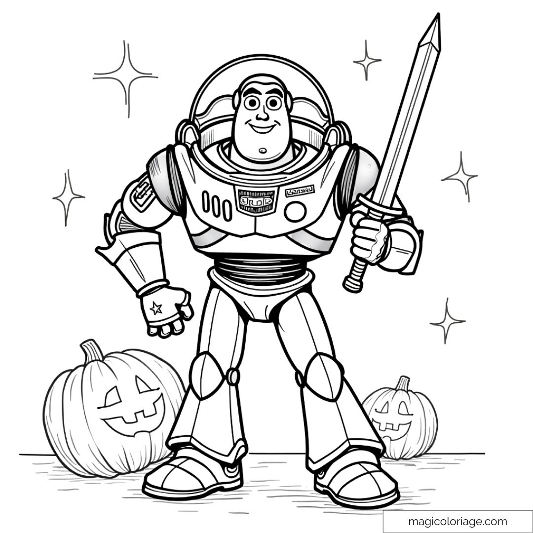 Dessin de Buzz l'Éclair à colorier pour Halloween, avec une épée et des citrouilles, idéal à imprimer pour les enfants.