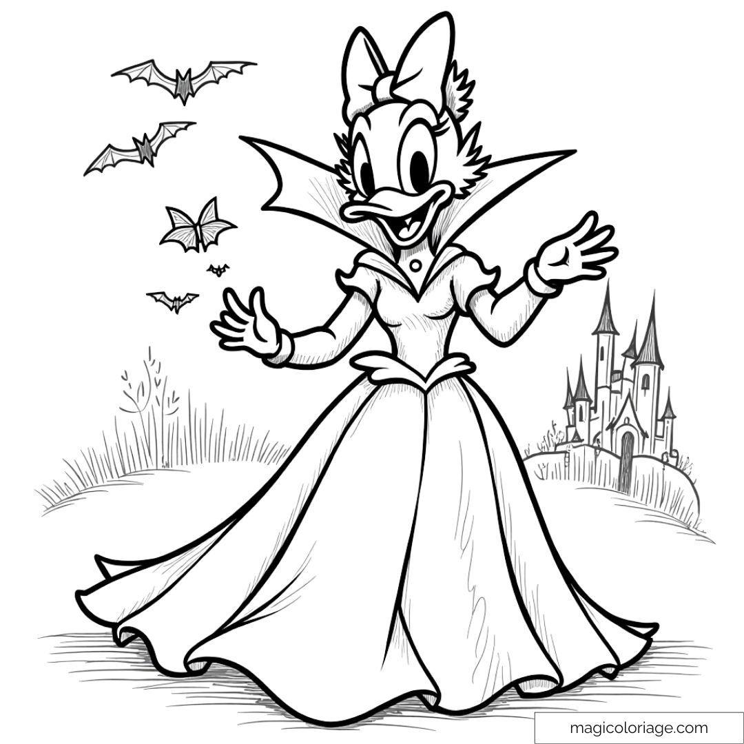Dessin à colorier de Daisy Duck déguisée en vampire avec des chauves-souris et un château pour Halloween, parfait pour les enfants à imprimer.