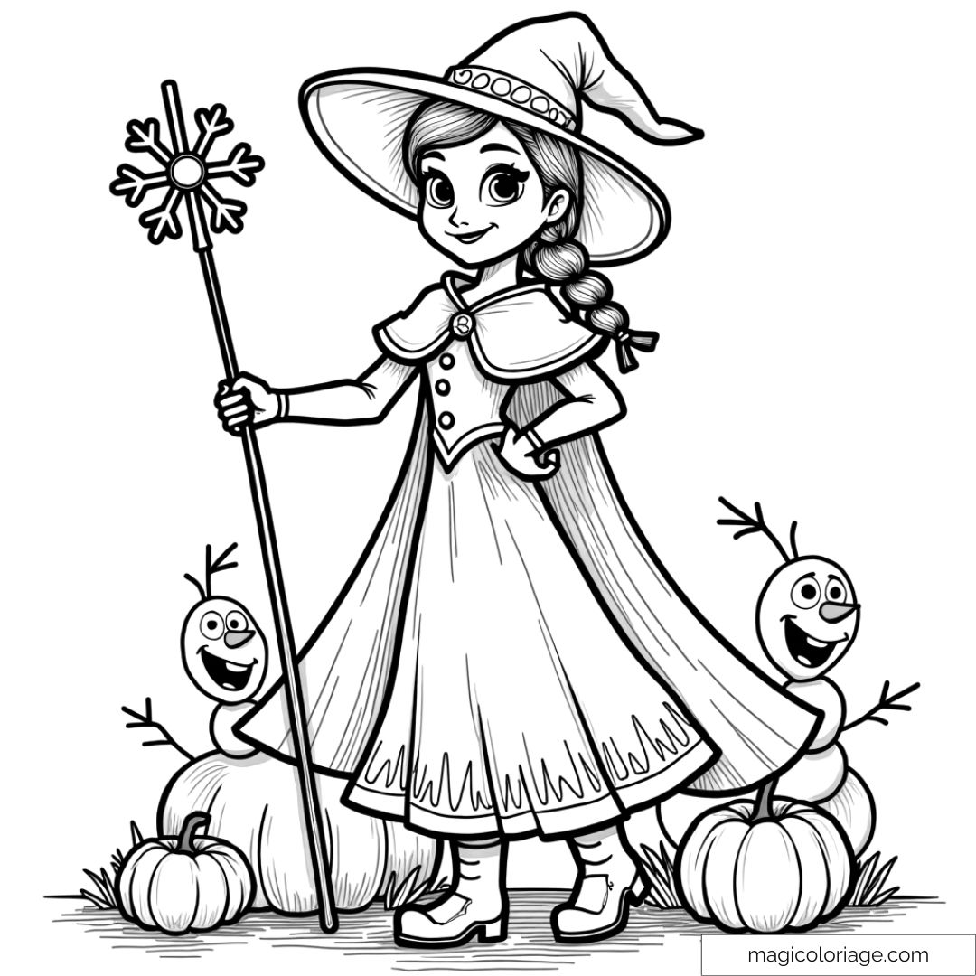 Dessin d'Anna de La Reine des Neiges déguisée en sorcière pour Halloween avec Olaf, à colorier et imprimer gratuitement.