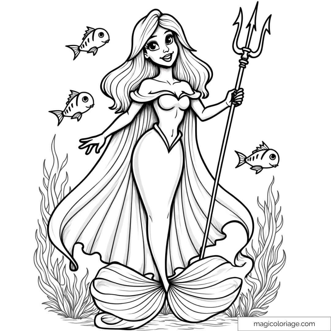 Dessin à colorier d'Ariel en reine des mers avec un trident, entourée de poissons, idéal pour Halloween et à imprimer pour les enfants.