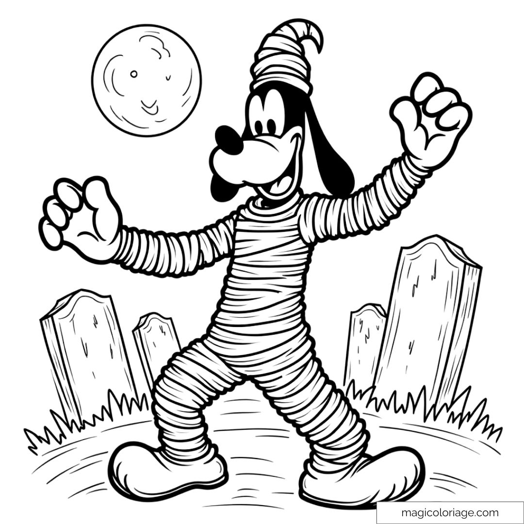 Dessin à colorier de Dingo déguisé en momie, dans un cimetière sous la pleine lune pour Halloween, idéal pour les enfants à imprimer.