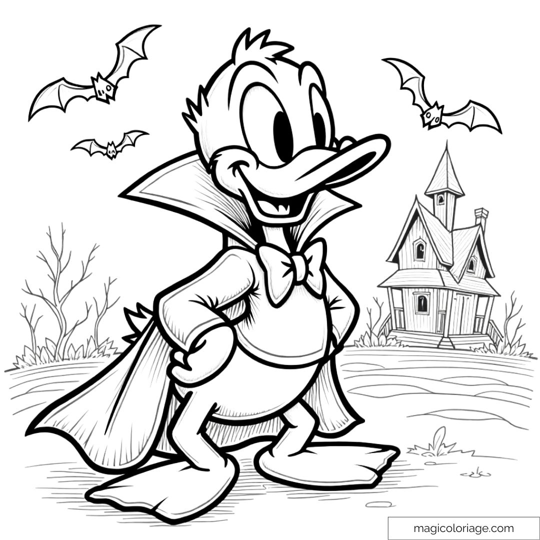 Dessin à colorier de Donald déguisé en vampire pour Halloween, avec des chauves-souris et une maison hantée en arrière-plan, idéal pour les enfants.