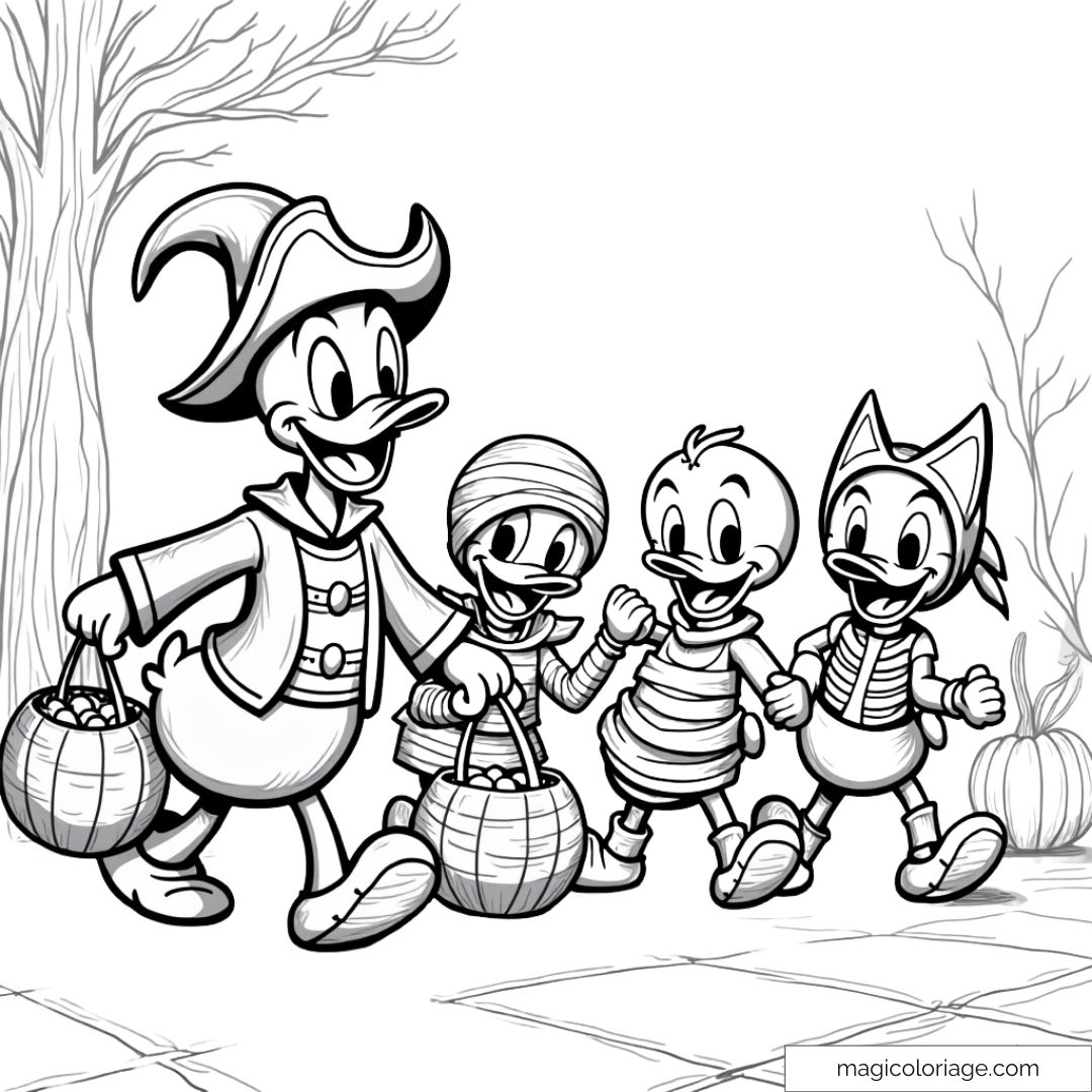 Dessin de Donald déguisé en sorcier pour Halloween avec ses neveux Riri, Fifi et Loulou en costumes, à colorier et imprimer gratuitement pour les enfants.