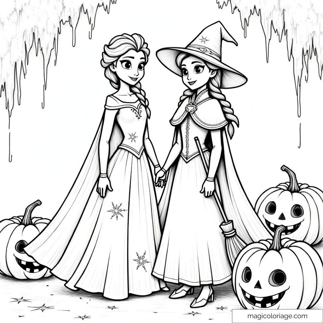 Dessin à colorier de Elsa et Anna pour Halloween, avec des citrouilles et Anna déguisée en sorcière, idéal à imprimer pour les enfants.