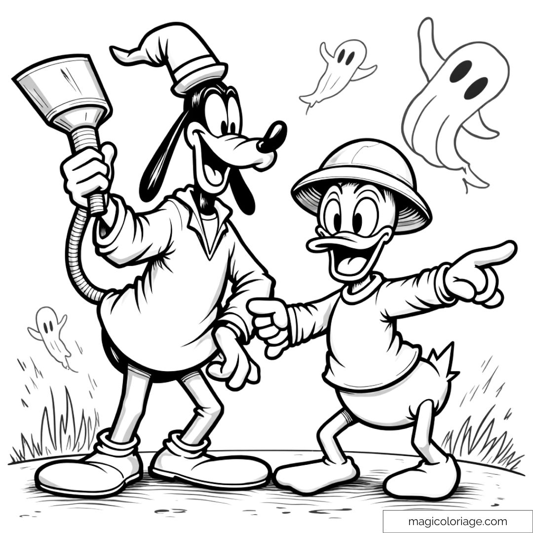 Dessin Halloween à imprimer de Donald et Dingo partant à la chasse aux fantômes.