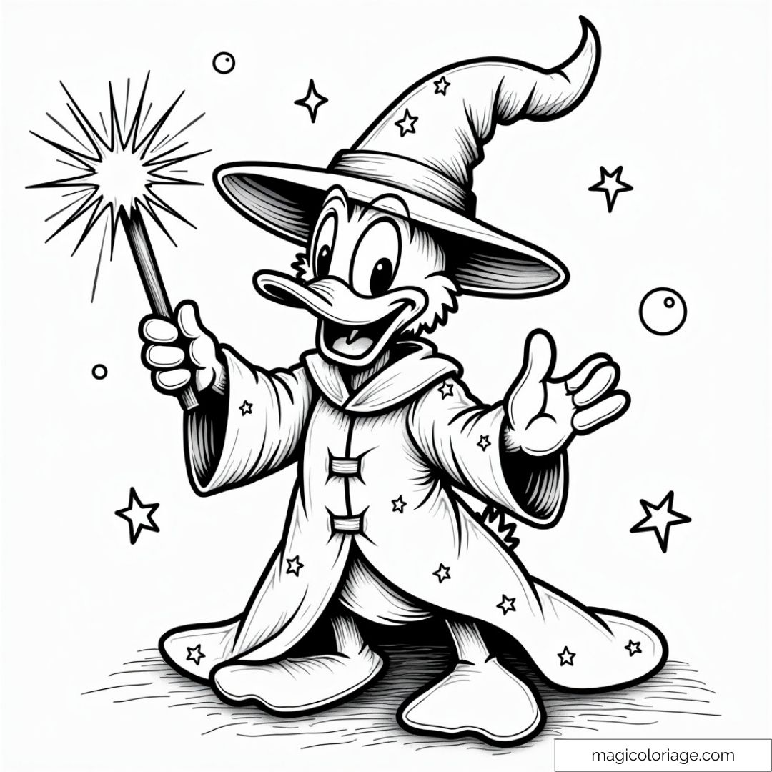 Dessin Halloween de Donald déguisé en sorcier avec une baguette magique, à imprimer pour les enfants.