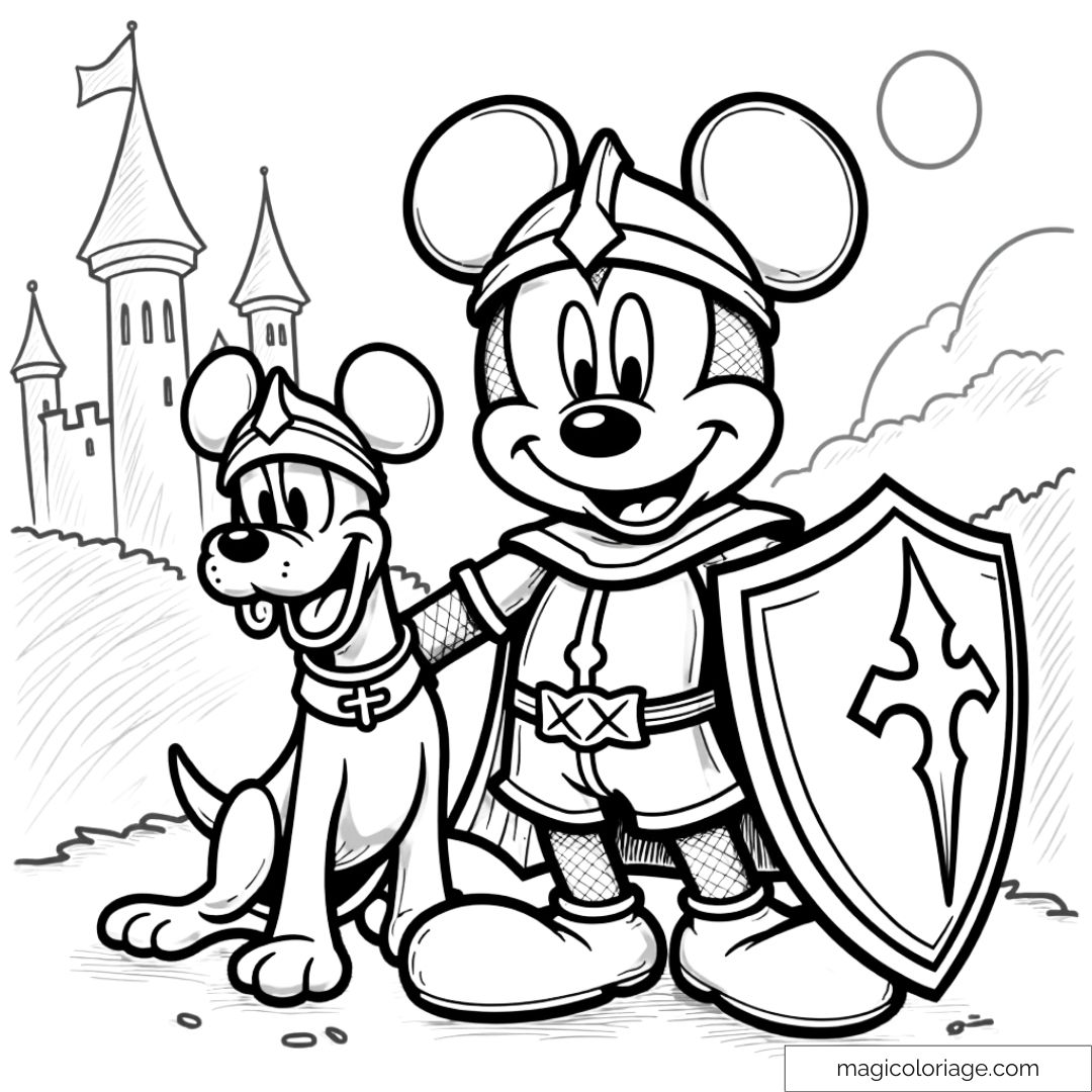 Dessin Halloween de Mickey en chevalier avec Pluto, prêts pour une aventure médiévale.
