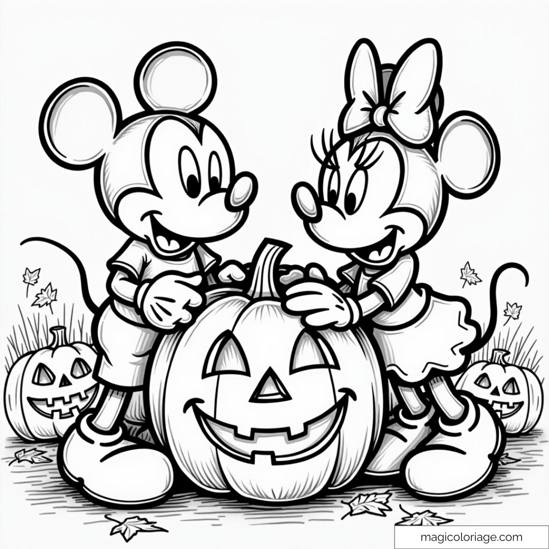 Dessin Halloween à imprimer de Mickey et Minnie sculptant une citrouille pour les enfants.