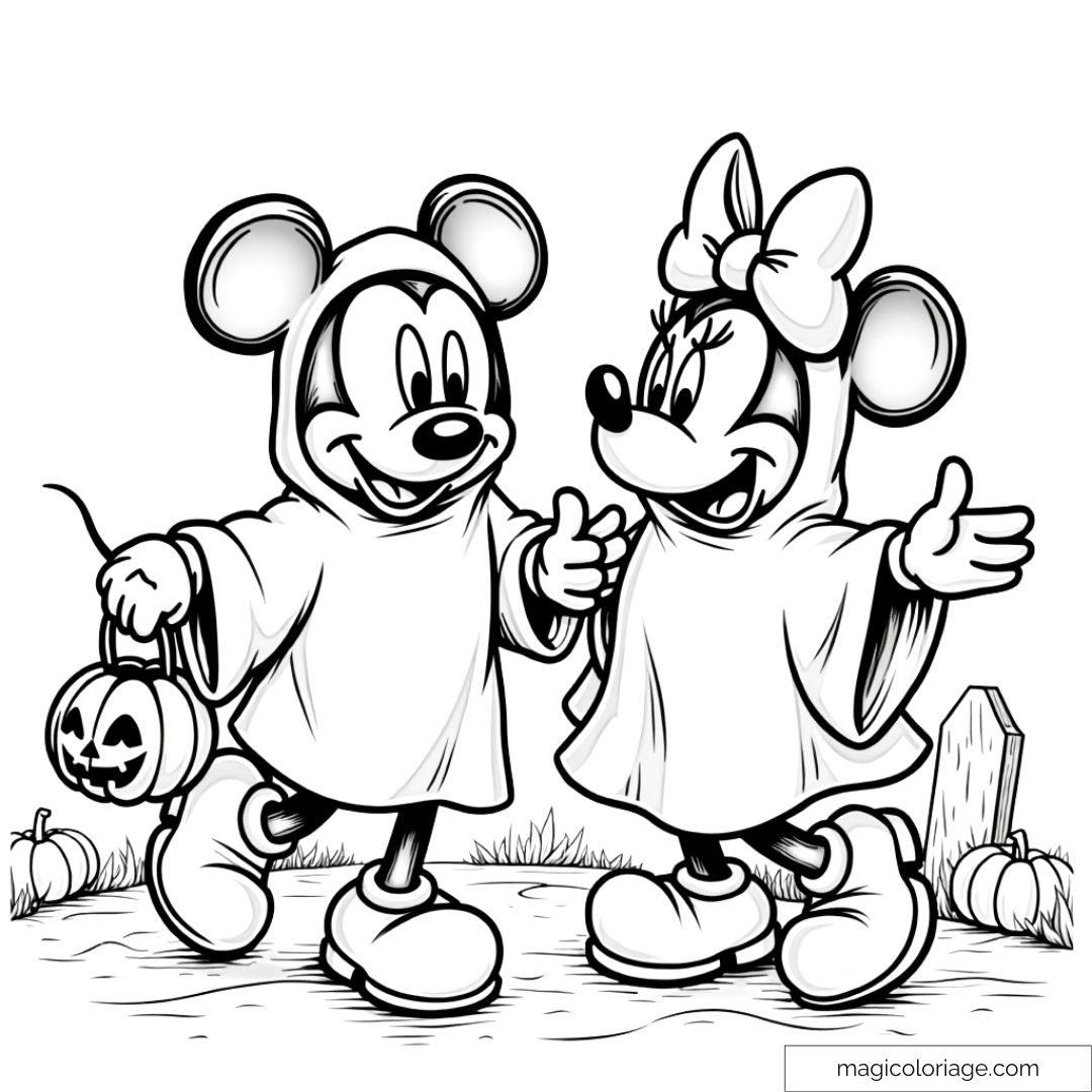 Dessin Halloween de Mickey et Minnie déguisés en fantômes avec une citrouille.