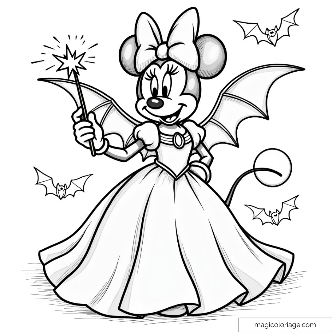 Dessin Halloween à imprimer de Minnie déguisée en fée avec des ailes de chauve-souris et une baguette magique.