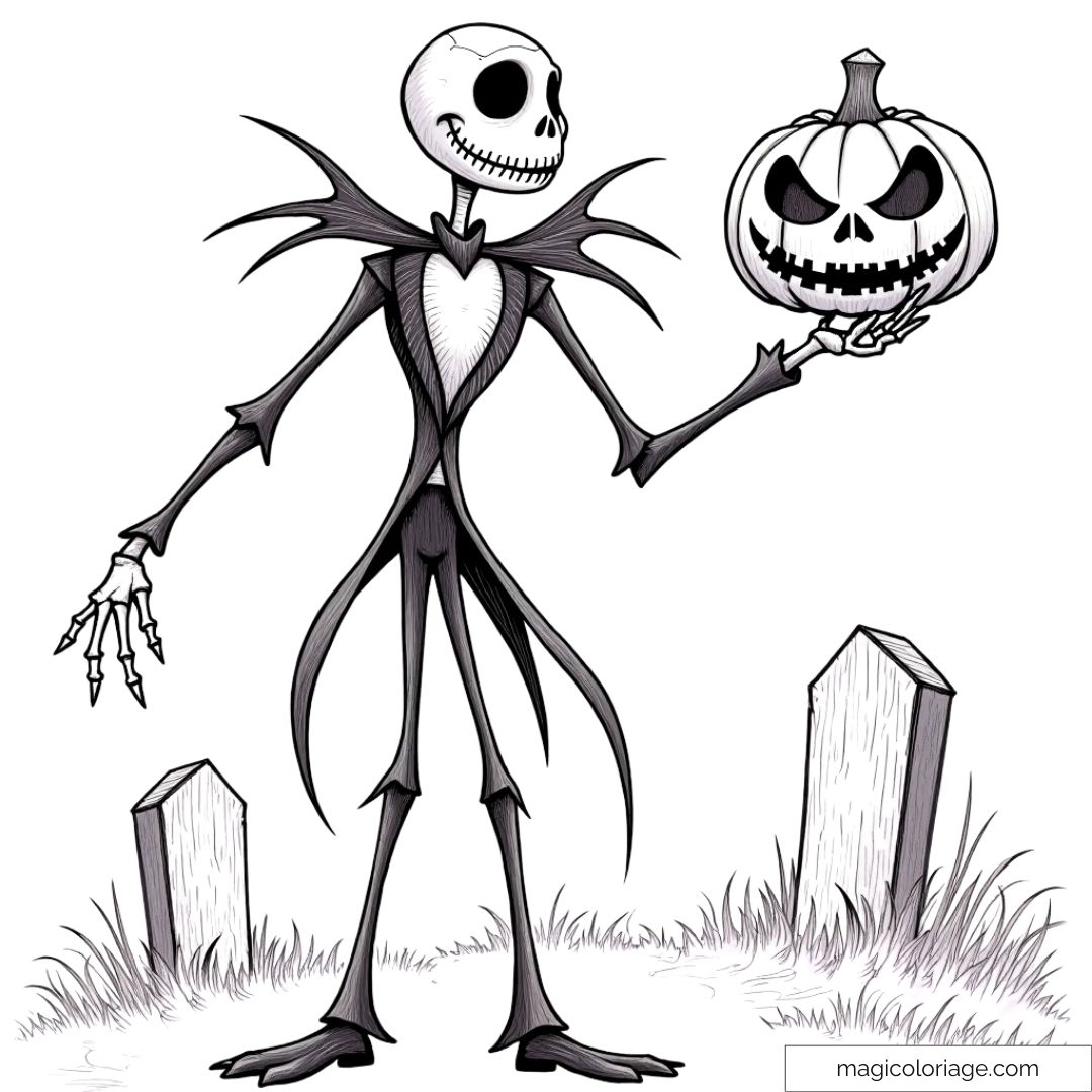 Dessin de Jack Skellington à colorier, tenant une citrouille, parfait pour Halloween et à imprimer gratuitement pour les enfants.