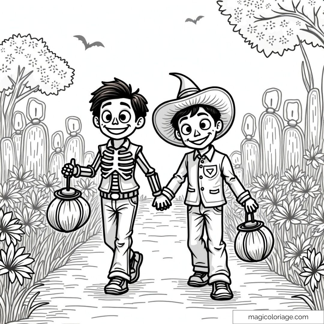 Dessin à colorier de Miguel et Héctor de Coco, marchant main dans la main avec des lanternes pour Halloween et Día de los Muertos, idéal pour les enfants.