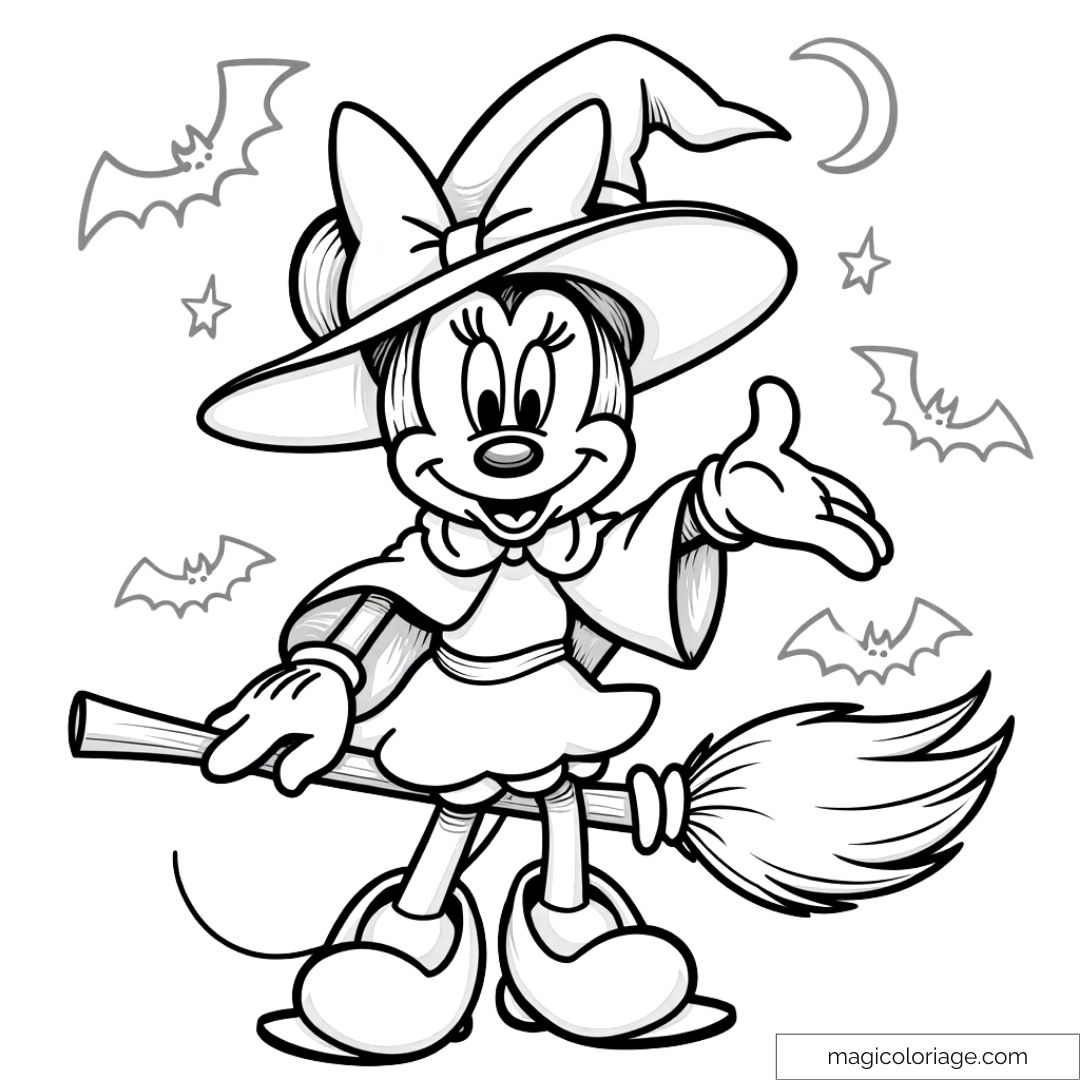 Dessin à colorier de Minnie Mouse déguisée en sorcière pour Halloween, avec un balai, des chauves-souris et des étoiles, idéal pour les enfants.
