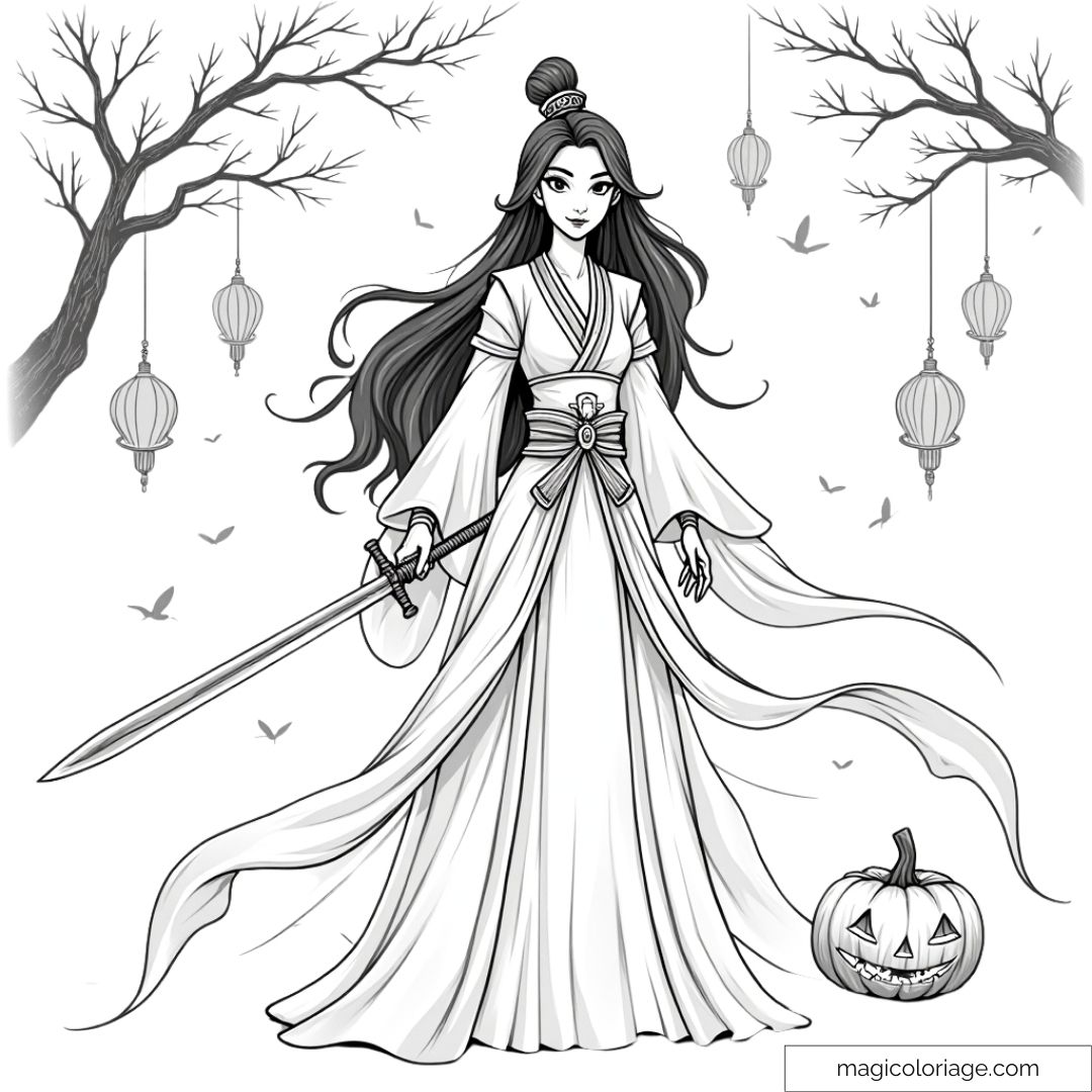 Dessin à colorier de Mulan en guerrière avec une épée, parfait pour Halloween, à imprimer et colorier pour les enfants.
