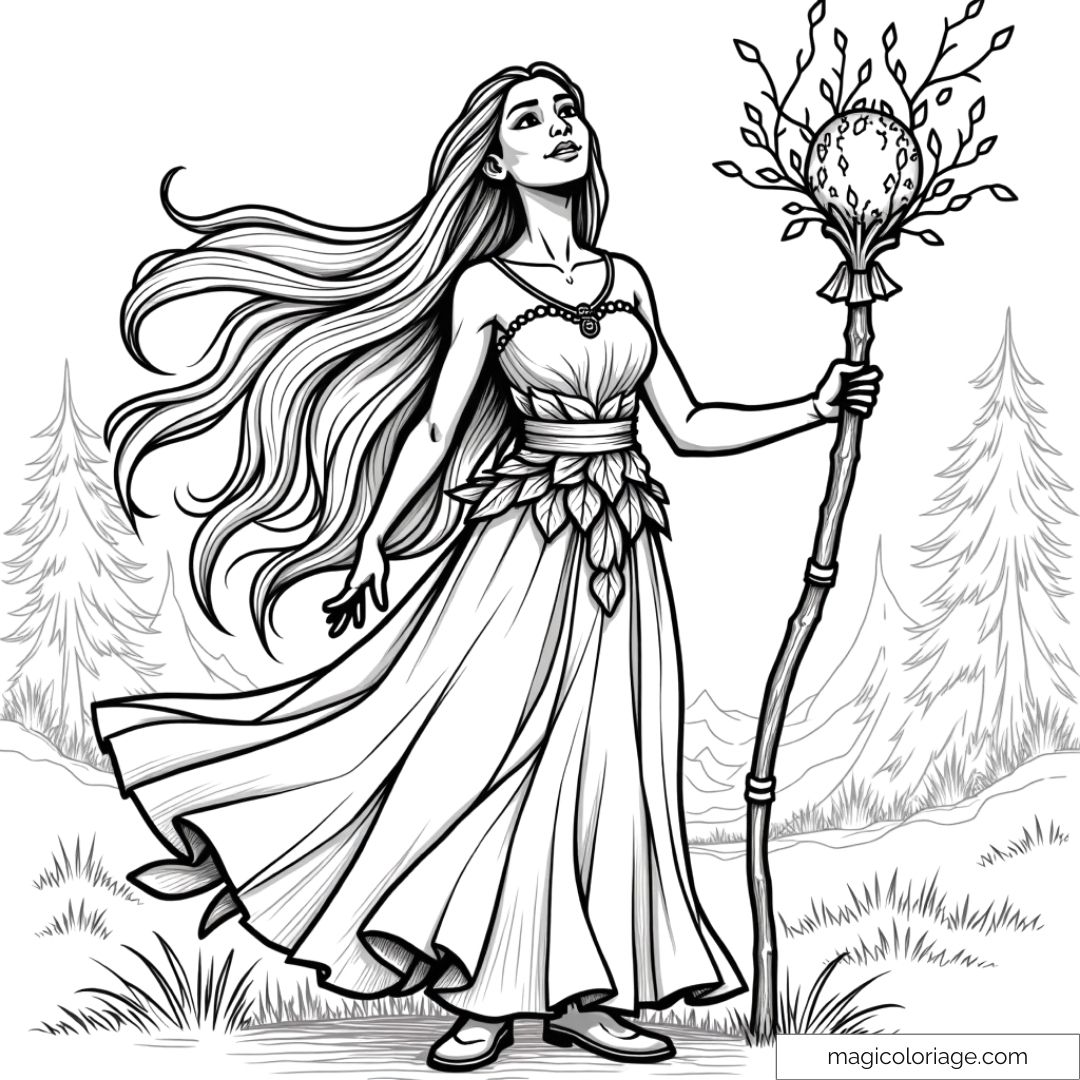 Dessin à colorier de Pocahontas avec un sceptre magique dans une forêt.