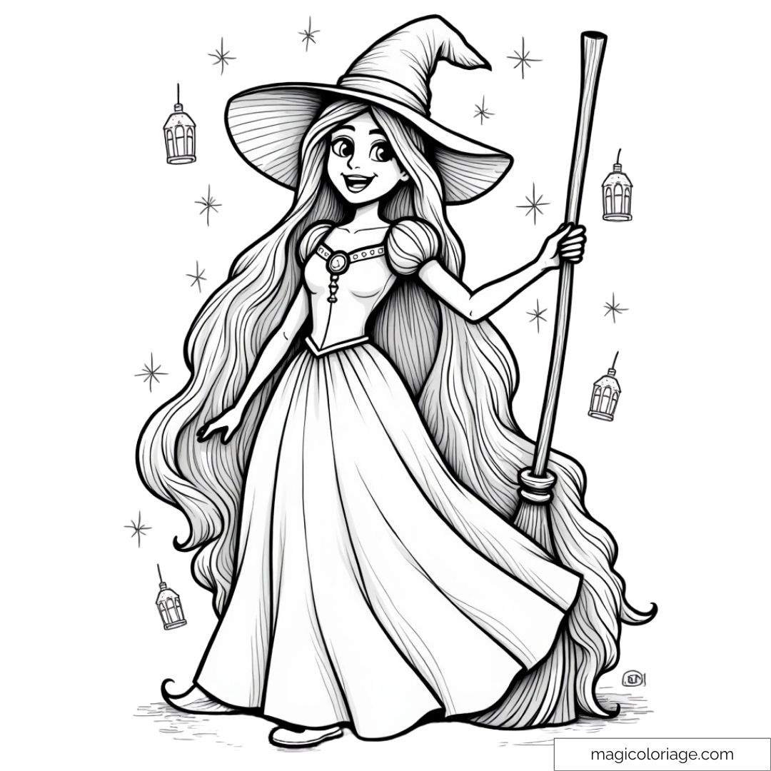 Dessin de Raiponce à colorier en costume de sorcière pour Halloween, idéal pour imprimer et colorier.