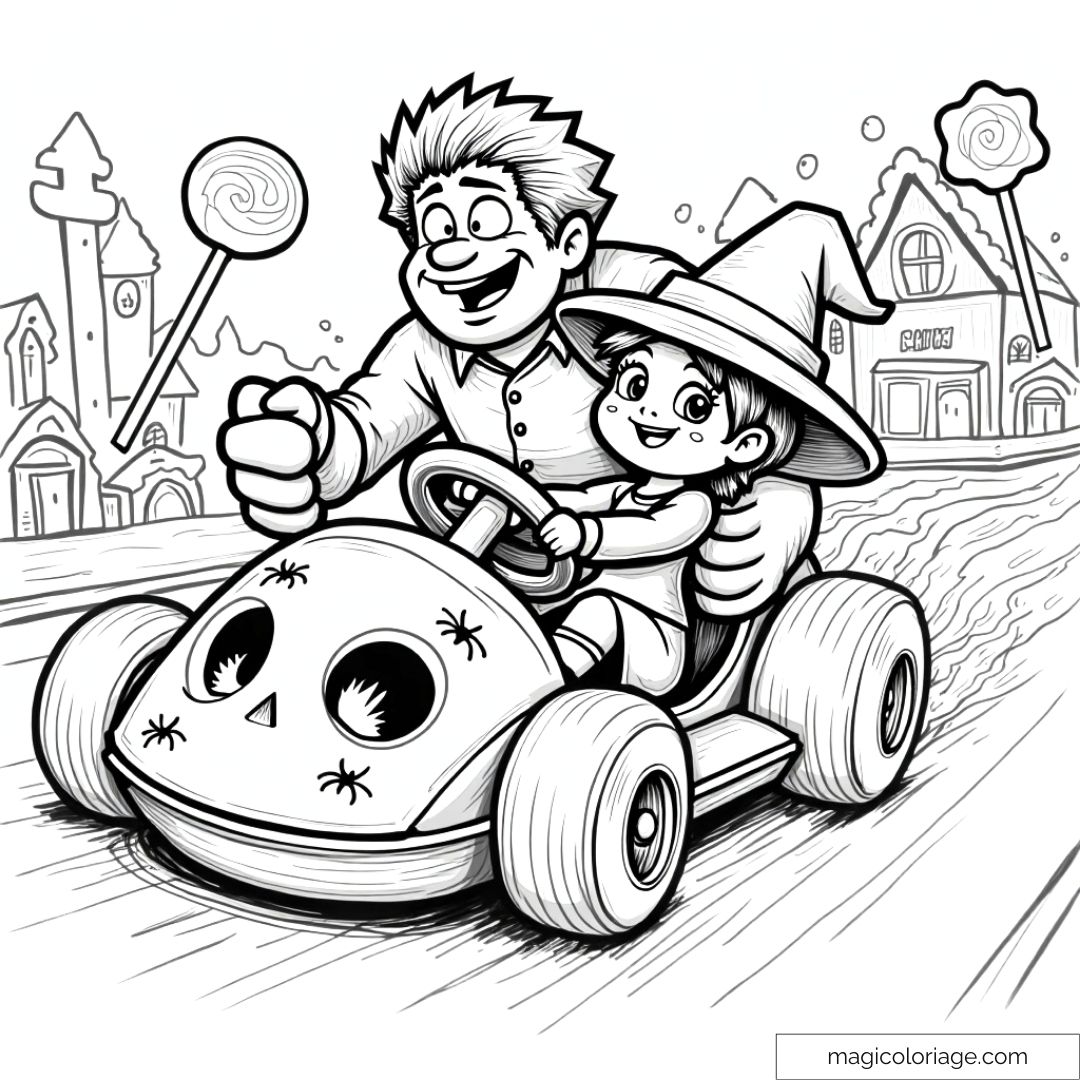 Dessin à colorier de Ralph et Vanellope en course de kart pour Halloween dans l'univers de Sugar Rush, parfait pour les enfants fans de Disney et Pixar.