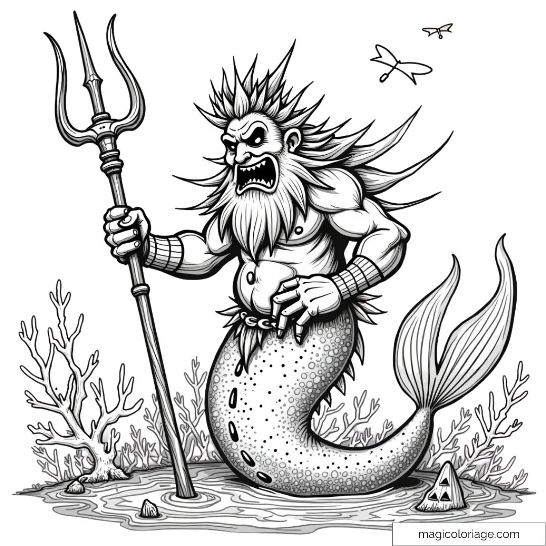 Coloriage à imprimer du Roi Triton d’Halloween avec un trident et une apparence monstrueuse.