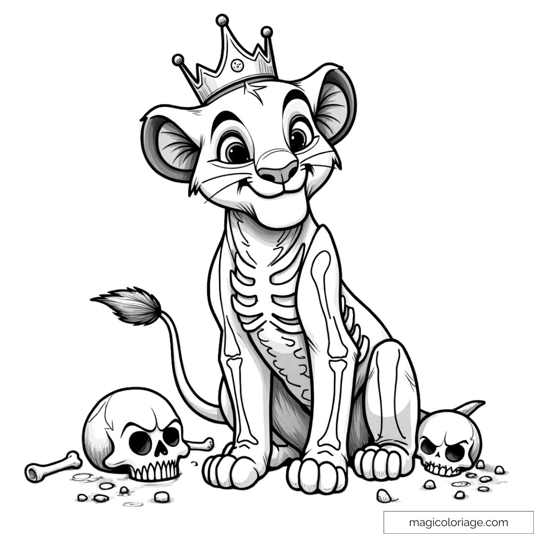 Dessin à colorier de Simba en squelette avec une couronne pour Halloween, entouré de crânes, idéal à imprimer pour les enfants.