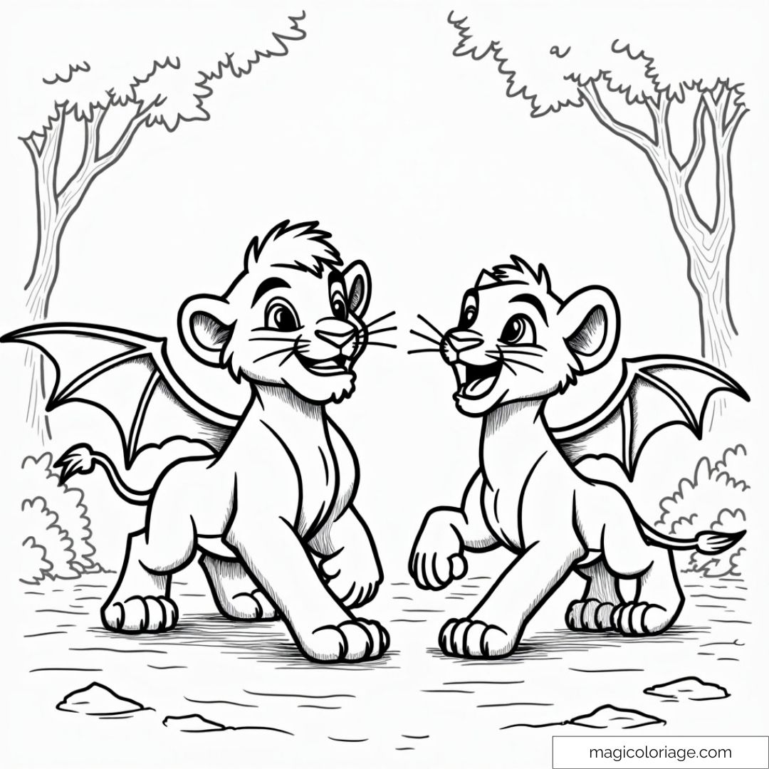 Dessin à colorier de Simba et Nala en petits lions avec des ailes pour Halloween, parfait à imprimer pour les enfants fans du Roi Lion.