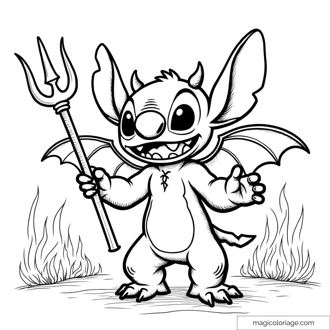 Dessin à colorier de Stitch déguisé en petit diable avec un trident pour Halloween, idéal à imprimer pour les enfants.
